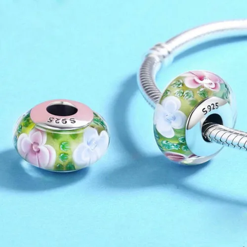 Vista 3 de Abalorios de cristal de Murano genuino para pulseras de plata de ley 925 original núcleo azul burbujas rosas abalorios para pulseras Pandora