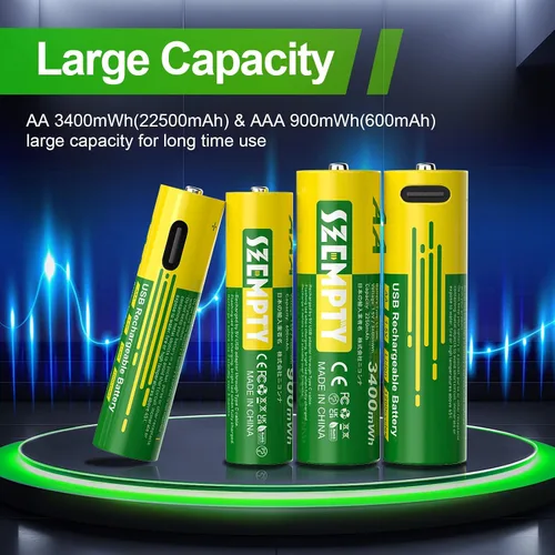 Vista 2 de Paquete combinado de baterías recargables AA y AAA, 1.5 V USB-C de litio doble A 3400 mWh y triple A de 900 mWh con cable 4 en 1 de carga rápida