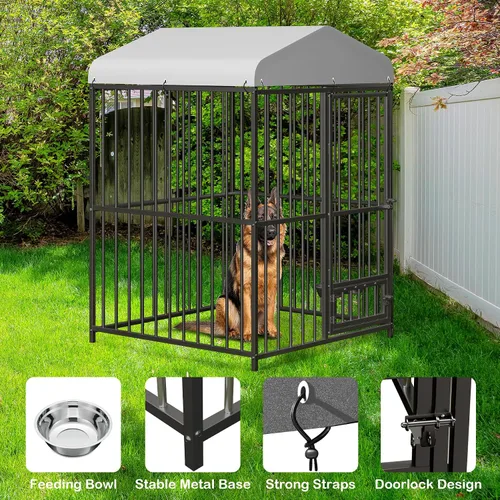 Vista 7 de Perrera para perros grandes, 4 x 4 x 6 pies, perrera grande exterior con cerradura, recintos para perros con cubierta impermeable resistente a