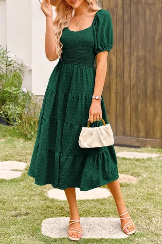Vista 7 de PRETTYGARDEN Vestido midi casual de verano para mujer, manga abombada, lunares suizos, vestidos largos acampanados