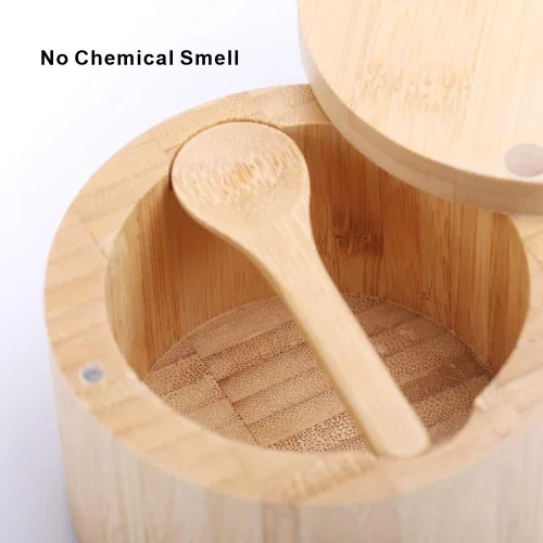 Vista 7 de KITCHENDAO Caja de cuenco de sal y pimienta de bambú, doble capacidad de 7 onzas y sótano de sal de bambú, 6 onzas