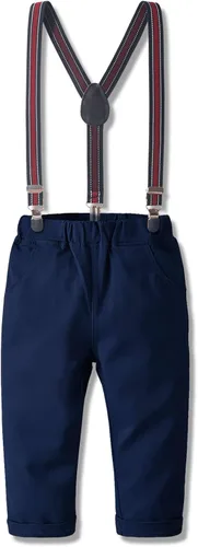 Vista 7 de Yilaku Ropa de vestir para niño, conjunto de traje formal con corbatín y pantalones de tirantes, trajes de niño para niño pequeño, trajes