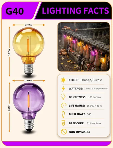 Vista 2 de 25 Pack G40 Purple Orange LED Replacement Bulbs for Outdoor String Lights
