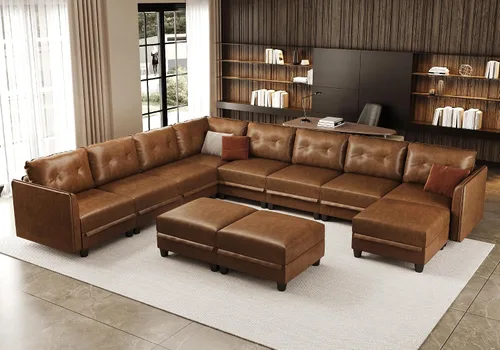 Vista 14 de LLappuil Sofá modular de piel sintética de 9 plazas con almacenamiento, sofá cama convertible en forma de U con diván, impermeable y agradable al