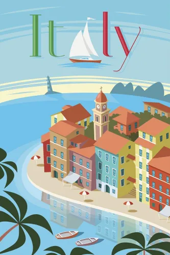 Vista 2 de Póster de arte de viaje retro de Portofino Italia laminado de borrado en seco, 12 x 18 pulgadas
