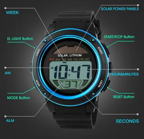 Vista 8 de MASTOP Relojes de energía solar para niñas y niños reloj digital militar resistente al agua reloj deportivo negro Negro - Digital