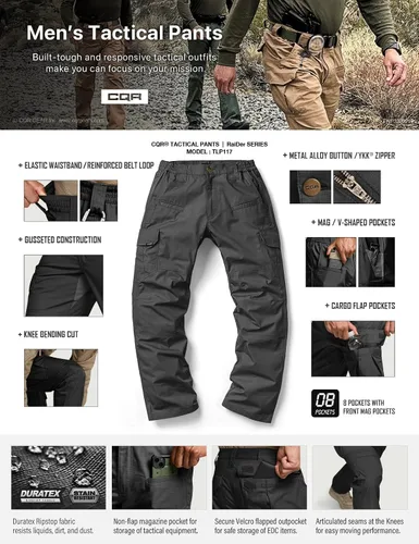 Vista 8 de CQR Pantalones tácticos para hombre, resistentes al agua, pantalones cargo Ripstop, ligeros EDC trabajo, senderismo, ropa para exteriores