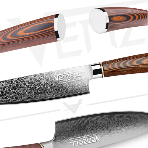 Vista 6 de VENZELL Cuchillo de chef hecho a mano de 8 pulgadas, cuchillo de acero inoxidable de Damasco de 67 capas, cuchillo de corte profesional HRC60±2