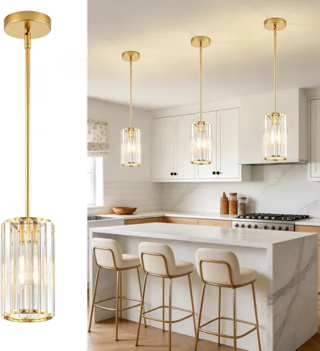 Vista 8 de 1 Pack Crystal Pendant Lights Kitchen Island,Modern Gold Pendant Light Fixtures,Adjustable Hanging Lighting for Kitchen Island Dining Room Bar Foyer