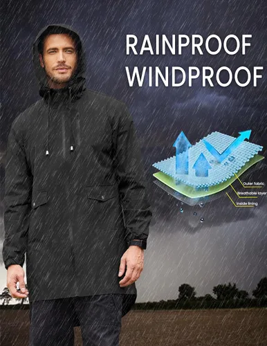 Vista 2 de COOFANDY Chubasquero largo para hombre, chaqueta impermeable para exteriores, con capucha