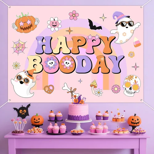 Vista 3 de Groovy - Decoración de fiesta de cumpleaños de Halloween, 7 x 5 pies, pancarta de fondo de feliz día de abucheo para niña, decoración bohemia arco