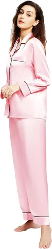 Vista 4 de ZKAIER Conjunto de pijama de satén para mujer, camisa de manga larga con botones y pantalón largo