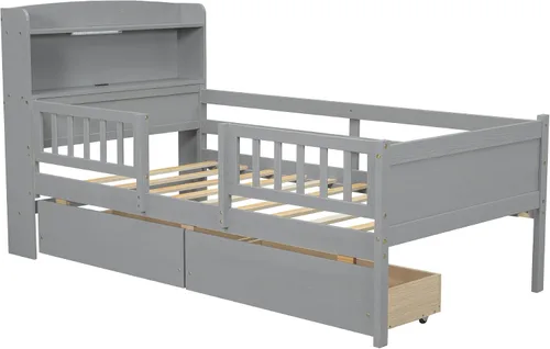 Vista 5 de VilroCaz Cama de plataforma de tamaño individual con barandilla y cabecera multifuncional, base de cama de plataforma de madera con 2 cajones