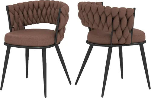 Vista 31 de Juego de 2 sillas de comedor tejidas, modernas sillas de comedor tejidas a mano con patas de metal negro, sillas tapizadas con marco negro