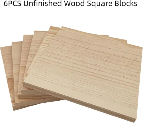 Vista 2 de 6 piezas de bloques cuadrados de madera sin terminar para manualidades, tablas de madera de pino en blanco de 15x15x1 centímetros, para tallado