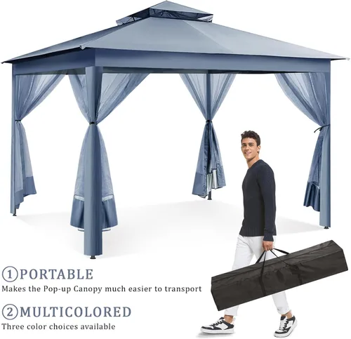 Vista 2 de yoyomax Gazebo desplegable para exteriores de 13 x 13 pies, tienda de campaña portátil con red, techo doble y 169 pies cuadrados de sombra