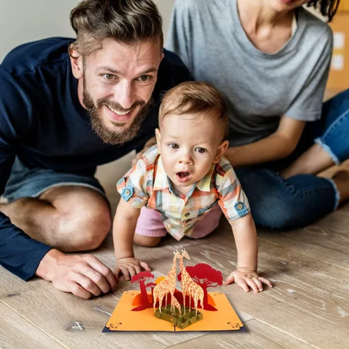 Vista 6 de CUTE POPUP Tarjeta familiar de jirafa 3D desplegable para cumpleaños, aniversarios y día de la madre, cartulina cortada con láser, diseño de safari