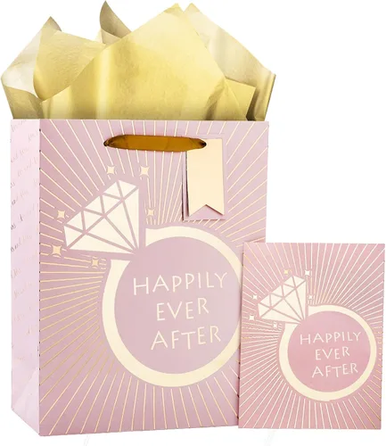 Vista 16 de Loveinside Bolsa de regalo de boda – Diseño de texto floral y siempre y para siempre con papel de seda, tarjeta de felicitación y etiqueta