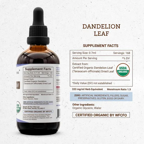 Vista 4 de Secrets of the Tribe Dandelion Leaf USDA Organic Extracto sin alcohol, gotas de hierbas de alta potencia Hecho de 100% hoja seca orgánica