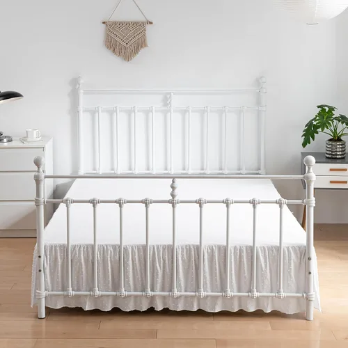 Vista 11 de Falda de cama de lunares copetudos, falda de cama con volantes tamaño King con esquinas divididas, faldas de cama con volantes de 14 pulgadas