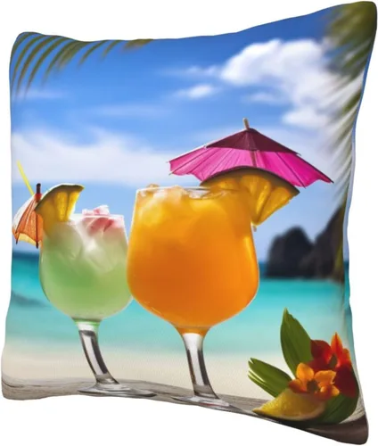 Vista 3 de Funda de almohada cuadrada suave con estampado de bebidas tropicales, para decoración del hogar, sala de estar, cama, sofá automóvil, 20 x 20