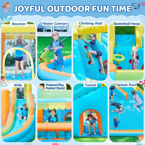 Vista 5 de Yaheetech - Castillo inflable de rebote para niños de 3 a 10 años W/ Splash Pool, Toy Market Stand, Bouncer Area, Slide, Climbing Wall, Storage