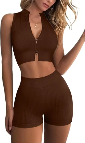 Vista 3 de Conjuntos de entrenamiento para mujer conjuntos de 2 piezas sin costuras acanalados con cremallera bidireccional manga corta pantalones cortos