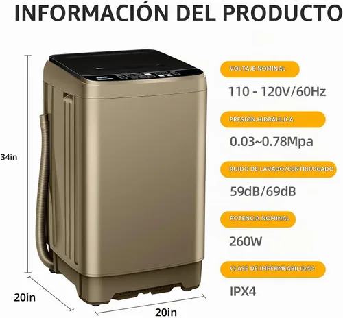 Vista 7 de Lavadora portátil de 17.7 libras, lavadora compacta completamente automática para apartamento, 10 programas de lavado, pequeña lavadora portátil
