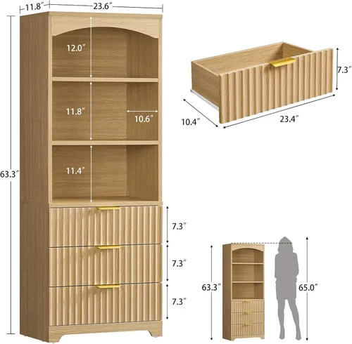 Vista 10 de TEENFON Estantería de 63.3 pulgadas de alto, estanterías y estanterías con cajones, estantería de diseño arqueado con gabinete de almacenamiento