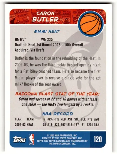 Vista 2 de Caron Butler Miami Heat Tarjetas de baloncesto EX/NM 2003 Bazooka #120
