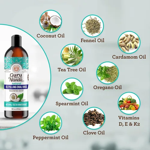 Vista 3 de GuruNanda Aceite de coco para jalar, aliento fresco y blanqueamiento bucal, 16 onzas líquidas y tiras blanqueadoras de dientes GuruNanda