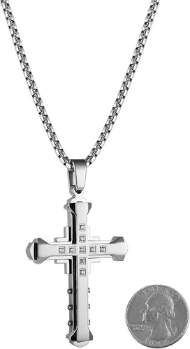 Vista 6 de HZMAN Religion - Collar con colgante de cruz de circonita cúbica de acero inoxidable bizantino grande para hombre, cadena de 22 + 2 pulgadas