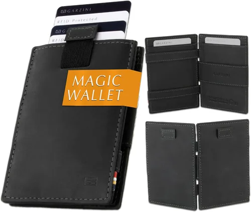 Vista 11 de GARZINI Cartera mágica con tirador, cartera minimalista con tarjetero RFID, cartera de cuero para 12 tarjetas, 07 Negro cepillado, Minimalista