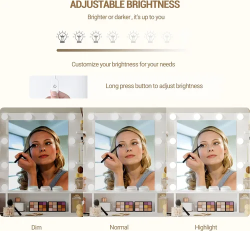 Vista 4 de Escritorio de tocador con espejo HD, tocador de maquillaje con luces LED, 3 niveles de brillo ajustable, mesa de vestir con estanterías ocultas