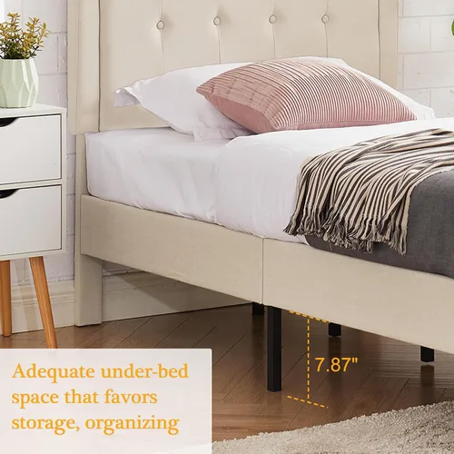 Vista 8 de VECELO - Base de cama tapizada con plataforma individual con cabecera ajustable de panel cosido con botones, fuerte soporte de listones de madera