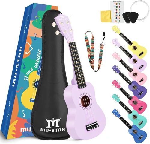 Vista 11 de Ukelele Soprano MUSTAR, Ukelele de Tilo de 21 Pulgadas para Principiantes, Kit de Ukeleles con Bolsa de Concierto, Correa, Púas, Paño, Adhesivo Azul