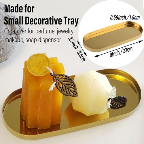 Vista 2 de FREELOVE Bandeja dorada de espejo para tocador de baño, pequeñas bandejas decorativas de metal de latón, baratija ovalada redonda rectangular