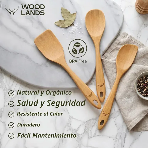 Vista 9 de Prime - Juego de 3 cucharas de madera de bambú para cocinar, utensilios de cocina de madera con mango largo, incluye cuchara plana de madera