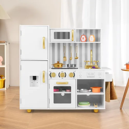 Vista 7 de INFANS Juego de cocina para niños, juego de cocina de madera con luz y sonido realistas, estufa, fregadero, microondas, armario de almacenamiento