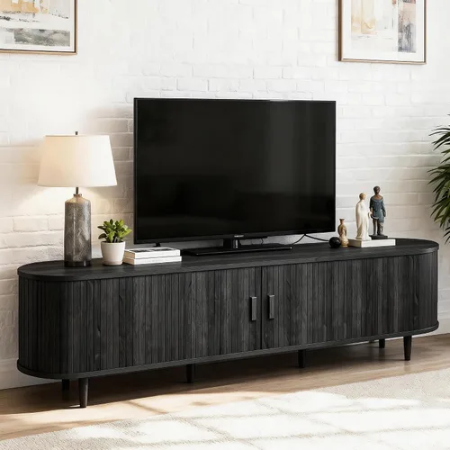 Vista 16 de Soporte de TV moderno de mediados de siglo de 58 pulgadas, consolas de TV de madera con puertas correderas y toma de corriente, centro