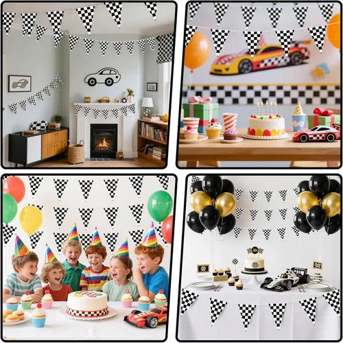 Vista 4 de HOOSUN Bandera a cuadros para decoración de cumpleaños de coches de carreras, 98 pies, 48 piezas, bandera a cuadros, suministros de fiesta, banderas