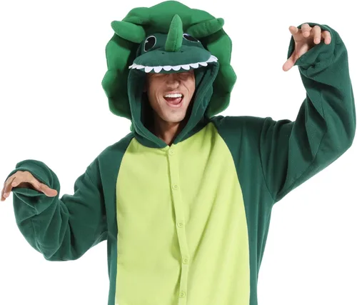 Vista 6 de dressfan Disfraz de dragón de Triceratops de animal, disfraz de dinosaurio, Navidad, Halloween, cosplay, pijama, unisex, para adultos y adolescentes