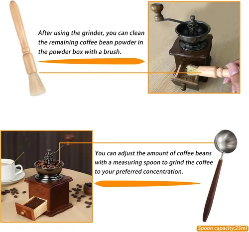 Vista 4 de Molinillo de café hecho a mano de madera de estilo retro, manivela de cerámica, cepillo de limpieza de molinillo de café hecho a mano, cuchara