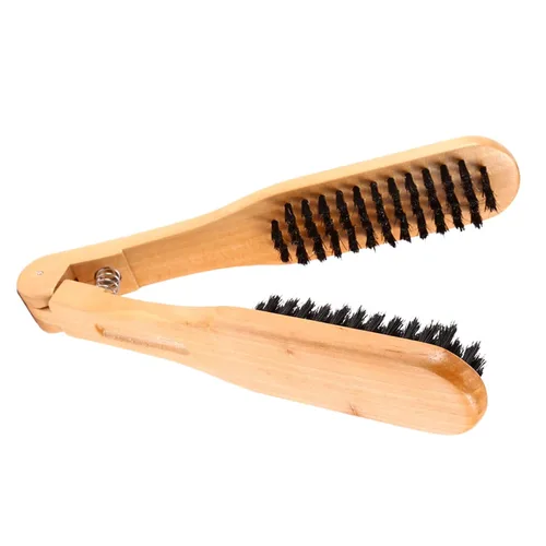 Vista 3 de El doble echó a un lado el peine que endereza el pelo, cepillo desenredante de madera de la forma de V con antiestático, jabalí