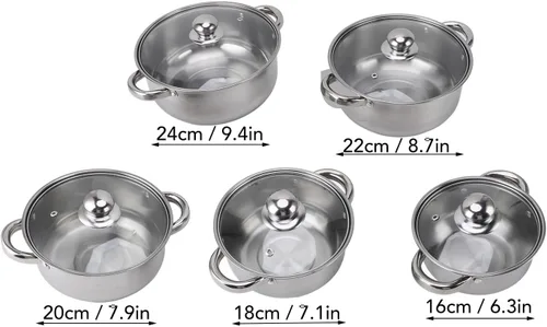 Vista 2 de Generic Juego de ollas de acero inoxidable, elegantes utensilios de cocina con mango de desgaste térmico, tapas de vidrio, base apilable, juego de 5