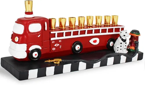 Vista 5 de Menorá coleccionable de camión de bomberos 3D con perro de fuego dálmata esculpido e hidrent Hanukkiah se adapta a velas estándar de Hanukkah