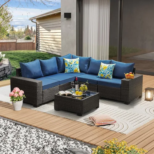 Vista 20 de JOYURE Juego de muebles de patio de 5 piezas, para todo tipo de clima, para exterior, sofá seccional de mimbre, sofá de ratán para patio con cojín
