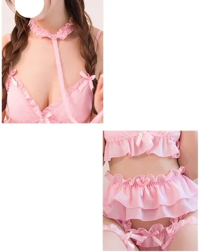 Vista 3 de Lencería sexy para mujeres para sexo anime Cosplay disfraces de encaje liguero para mujer conjunto de pijama (rosa)