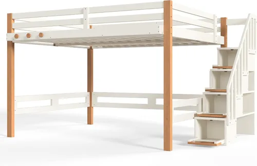 Vista 9 de Queen Loft Bed with Shelves and Clothes Hook, Space-Saving Wood Loft Bed Frame with Staircase and Ample Under-Bed Space, Beige & Natural