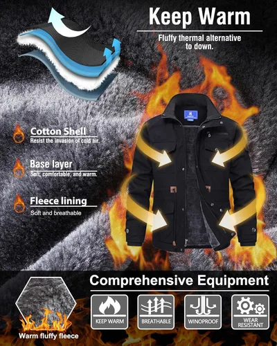 Vista 4 de Rapoo Chaqueta de invierno para hombre, de algodón, con forro polar, gruesa y cálida, con capucha